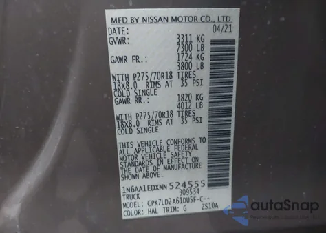 2021 Nissan Titan Pro-4X 4X4 z USA, uszkodzony, nr VIN 1N6AA1EDXMN524555